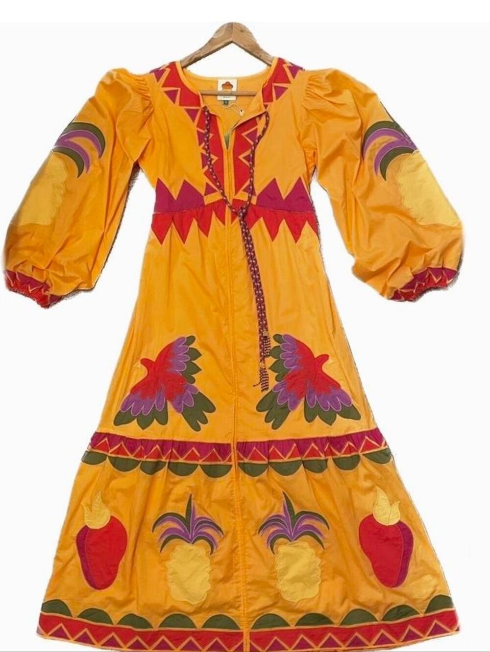 NWT Farm Rio Bohemian Embroidered Maxi Dress With Beaded Tassel Ties At Neck S